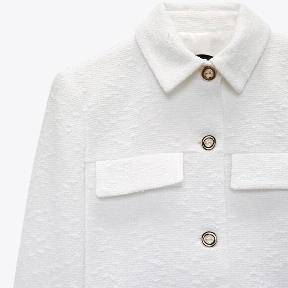 ZARA Textured Cropped Blazer with Gold Buttons In Oyster White Size M - Picture 5 of 12